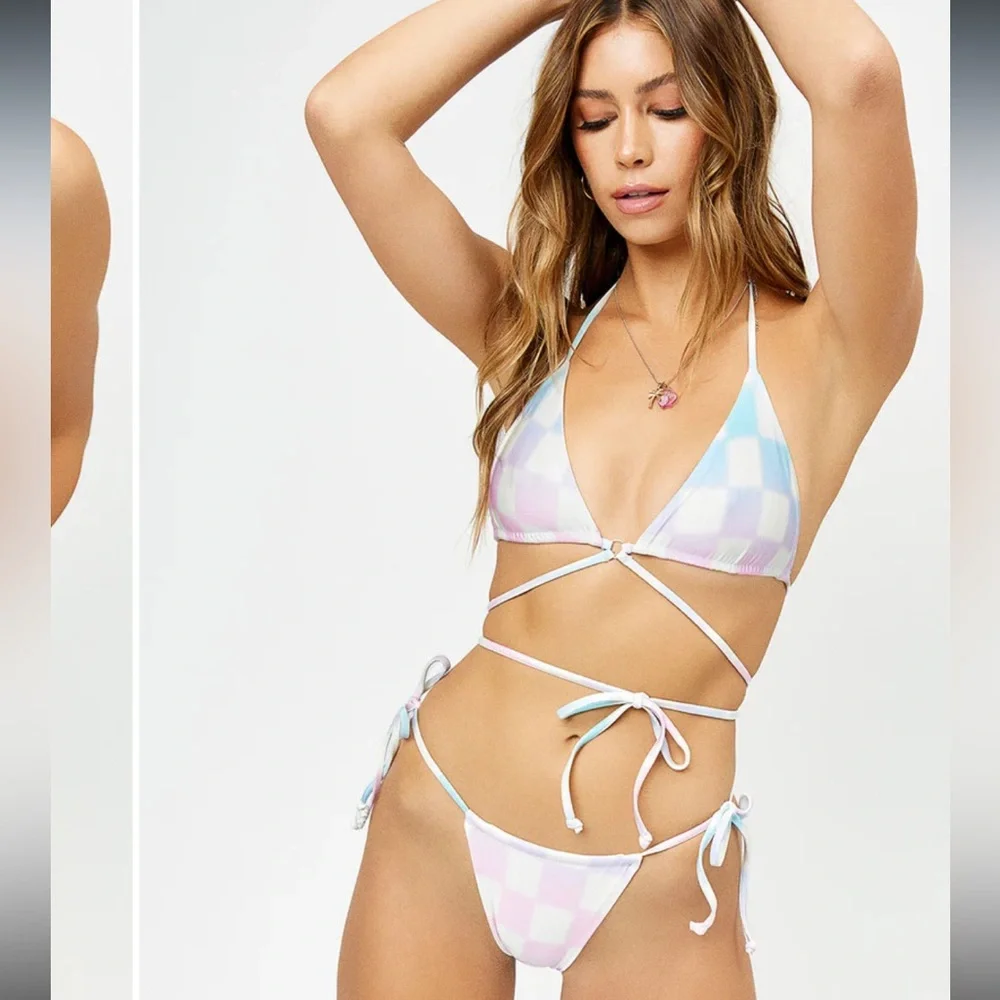 Frankie’s Bikinis x ALO Checkered Bikini Set Tatum Top sz L & Tia Bottom sz XL